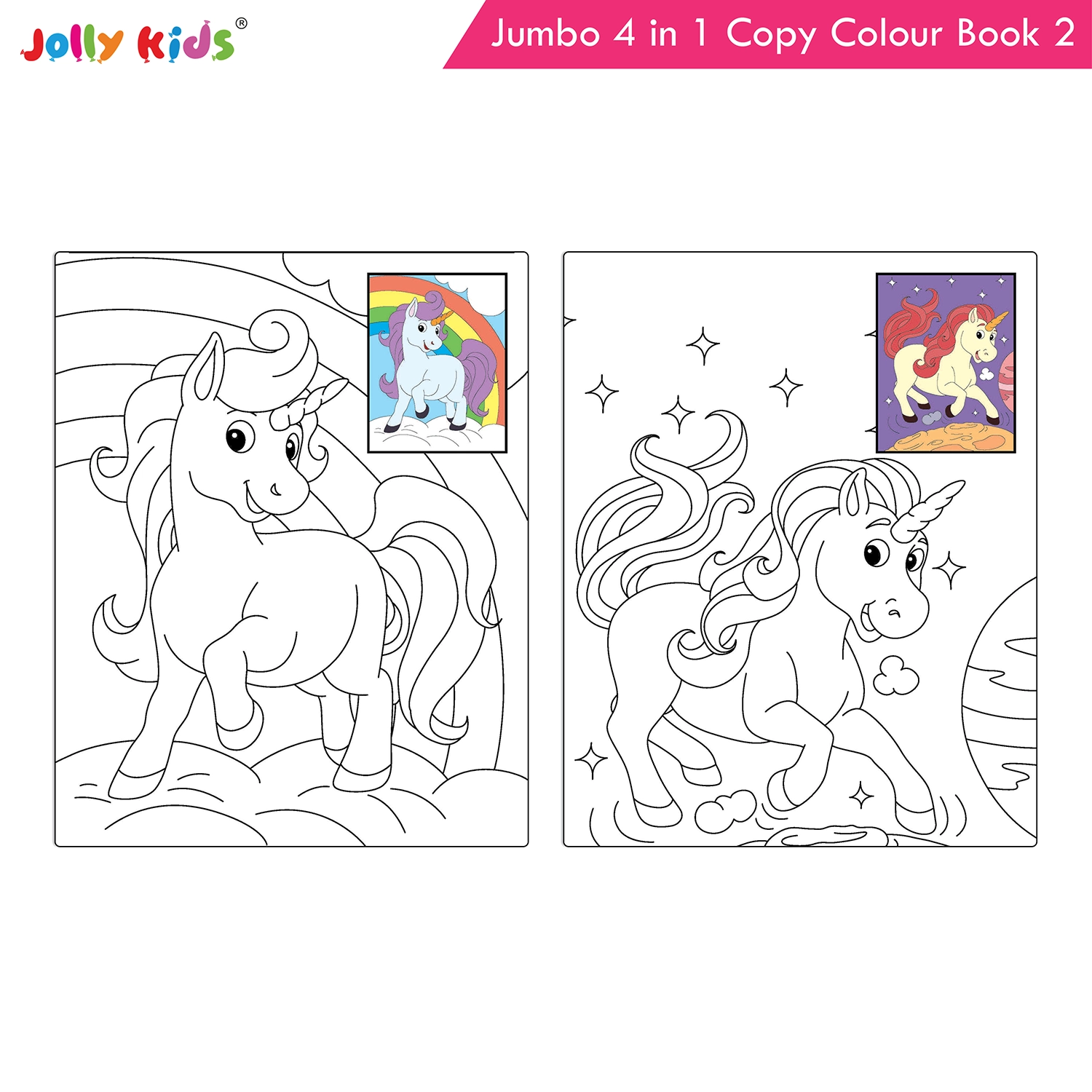 Jolly Kids Jumbo 4 in 1 Copy Colour Book 2 | Unicorn, Princess, Mermaid, Pirates | Little Artist Creative Colouring Activities Book for Kids Age 3-6 Years - Image 2