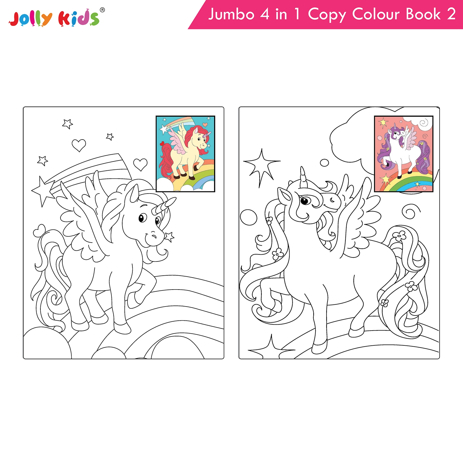 Jolly Kids Jumbo 4 in 1 Copy Colour Book 2 | Unicorn, Princess, Mermaid, Pirates | Little Artist Creative Colouring Activities Book for Kids Age 3-6 Years - Image 3