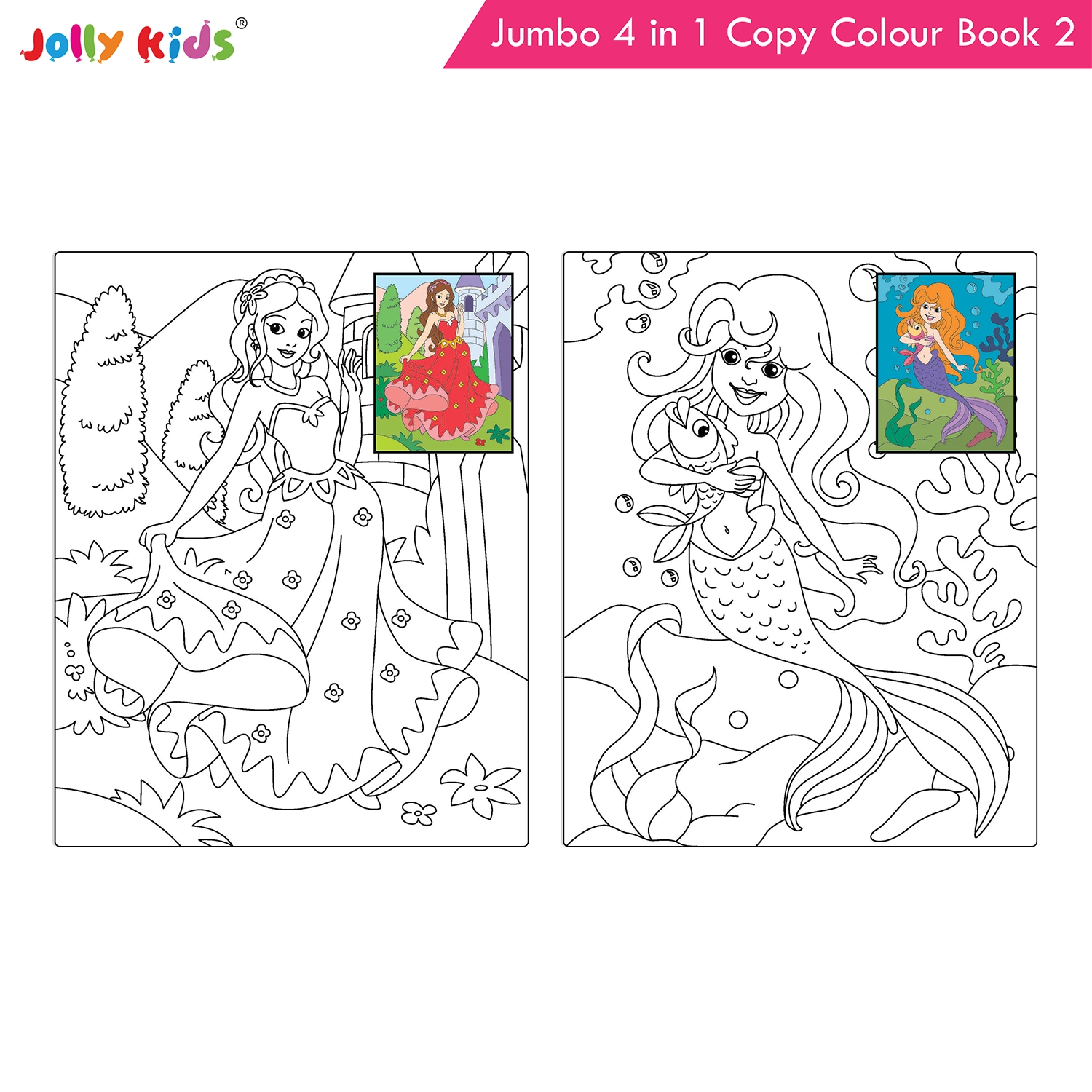 Jolly Kids Jumbo 4 in 1 Copy Colour Book 2 | Unicorn, Princess, Mermaid, Pirates | Little Artist Creative Colouring Activities Book for Kids Age 3-6 Years - Image 5