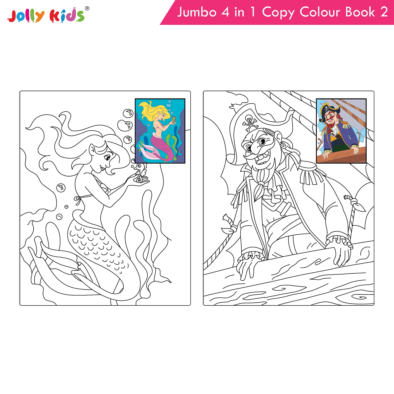Jolly Kids Jumbo 4 in 1 Copy Colour Book 2 | Unicorn, Princess, Mermaid, Pirates | Little Artist Creative Colouring Activities Book for Kids Age 3-6 Years - Image 7