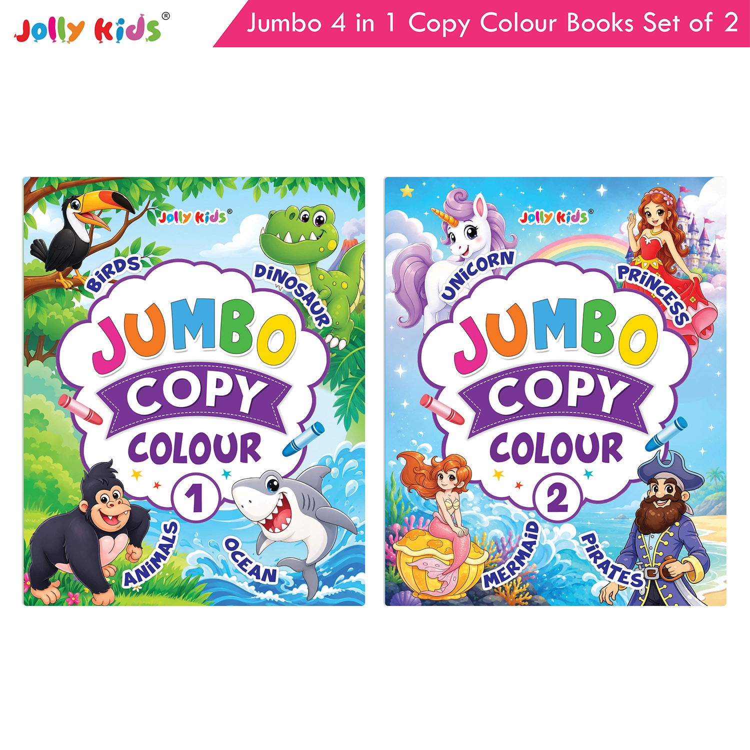 Jolly Kids Jumbo 4 in 1 Copy Colouring Books Set of 2 | Birds, Dinosaurs, Ocean and Animals Themes | Little Artist Creative Activity Books for Kids Ages 3-6 Years