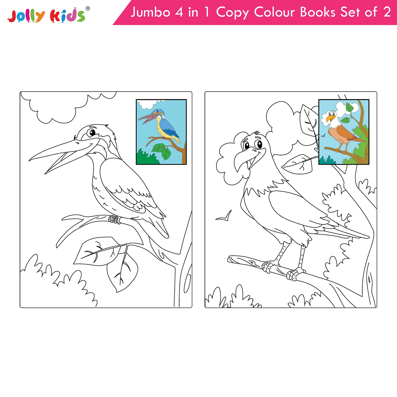 Jolly Kids Jumbo 4 in 1 Copy Colouring Books Set of 2 | Birds, Dinosaurs, Ocean and Animals Themes | Little Artist Creative Activity Books for Kids Ages 3-6 Years - Image 3