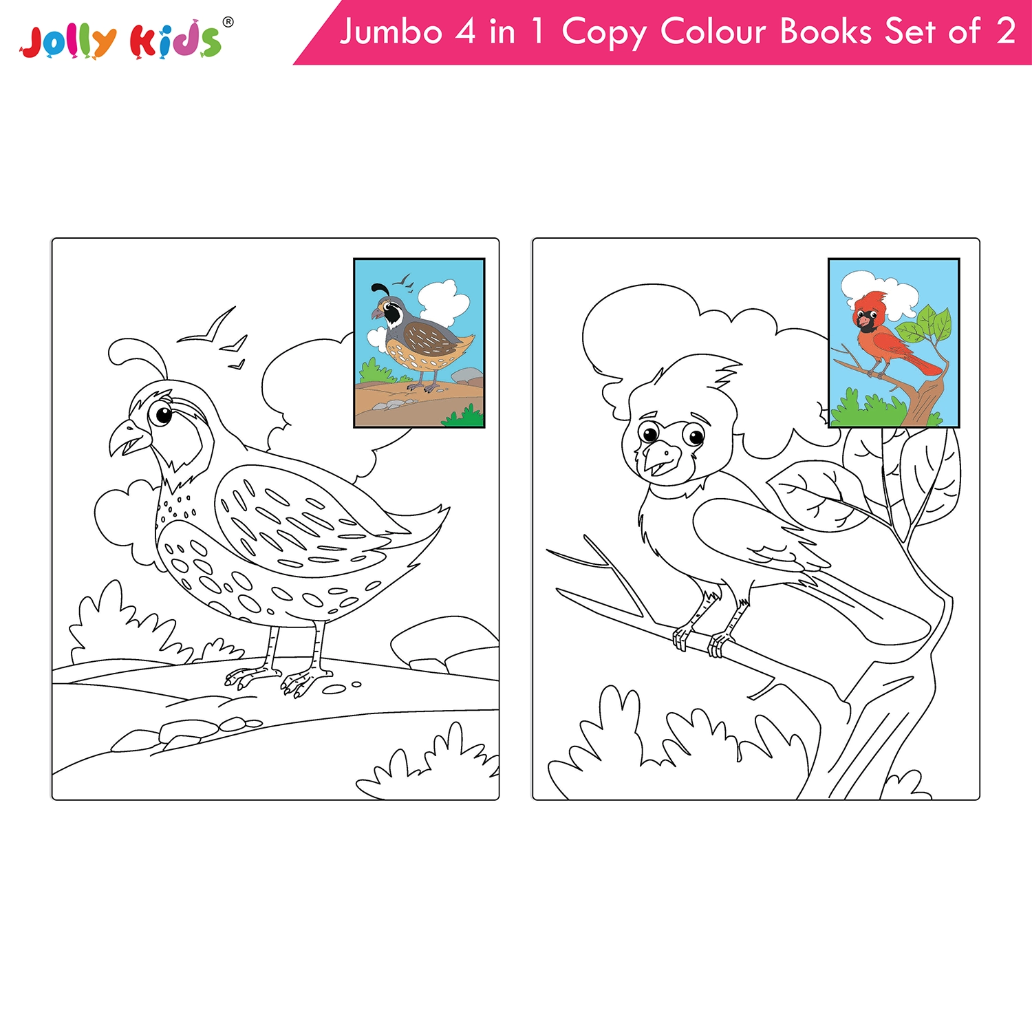 Jolly Kids Jumbo 4 in 1 Copy Colouring Books Set of 2 | Birds, Dinosaurs, Ocean and Animals Themes | Little Artist Creative Activity Books for Kids Ages 3-6 Years - Image 4