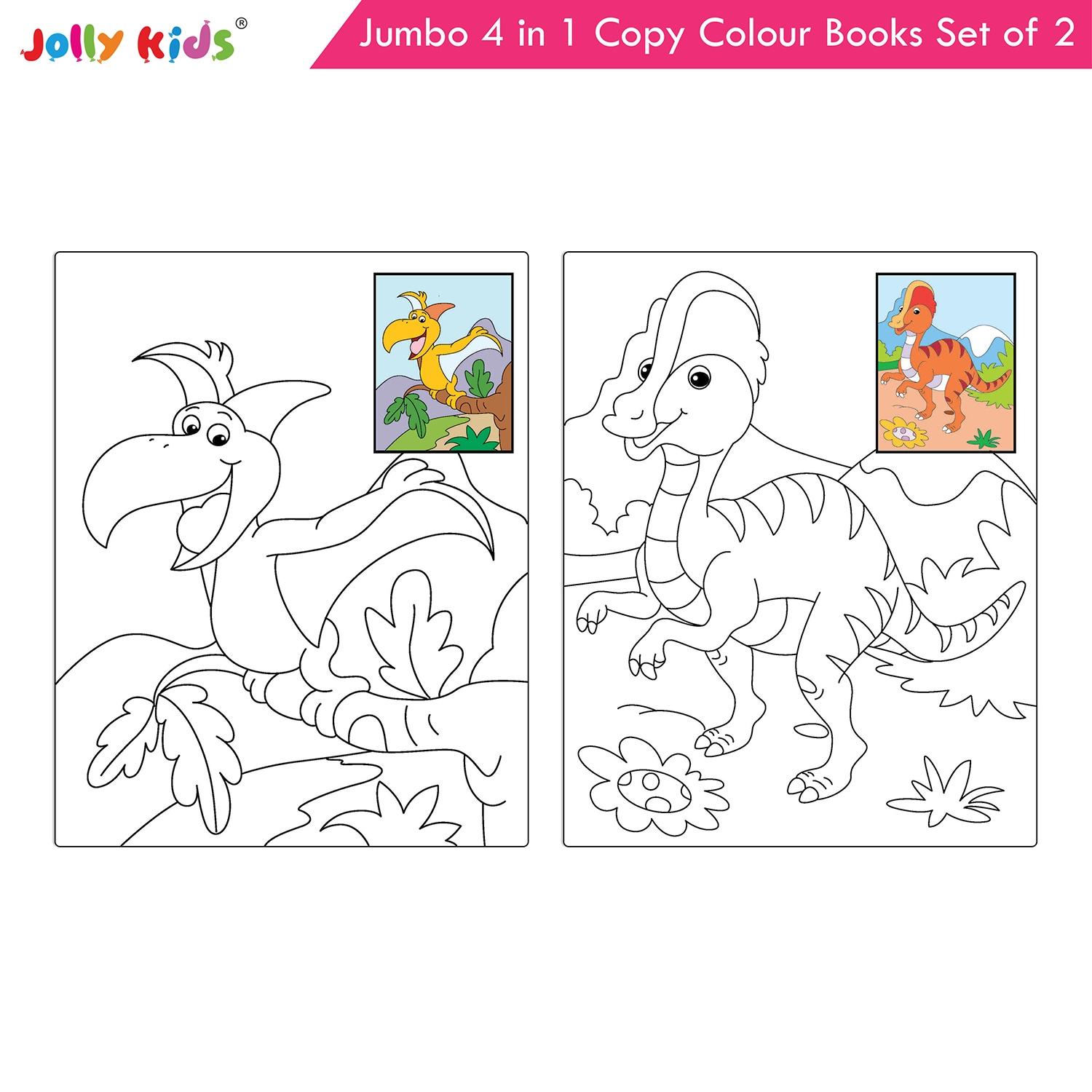 Jolly Kids Jumbo 4 in 1 Copy Colouring Books Set of 2 | Birds, Dinosaurs, Ocean and Animals Themes | Little Artist Creative Activity Books for Kids Ages 3-6 Years - Image 5