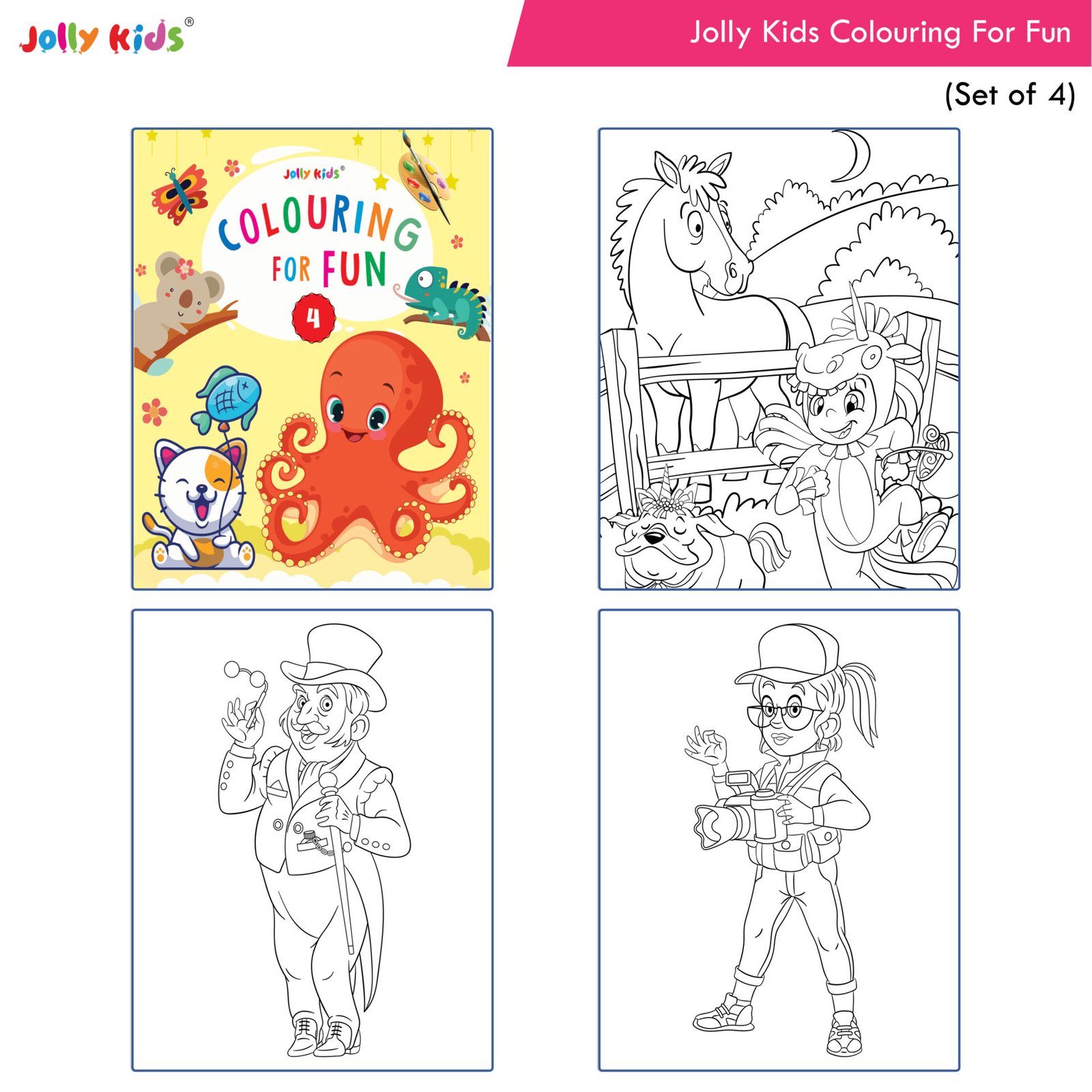 Jolly Kids Colouring for Fun Books A, Set of 4, Each Book 64  Images, Colouring & Painting Books for Kids, Ages 3-8 Year - Shethbooks