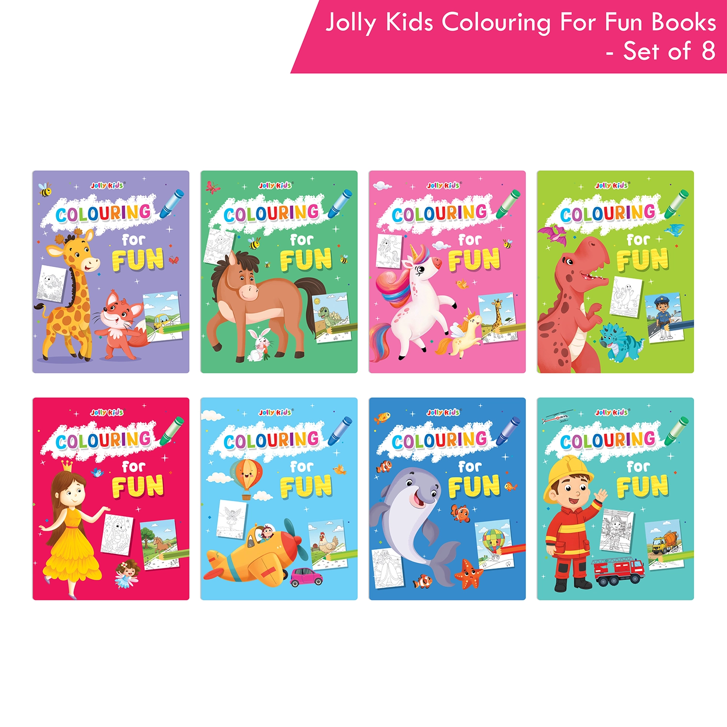 Jolly Kids Colouring for Fun Books For Kids Set of 8| Each Book 64 Images| Colouring & Painting Books| Ages 3 - 8 Year