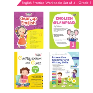 Grade 1 English Practice Workbooks Set of 4: Gear Up English, English Olympiad, Comprehension and Cloze, Interactive Grammar and Writing Skills (NEP with AI)