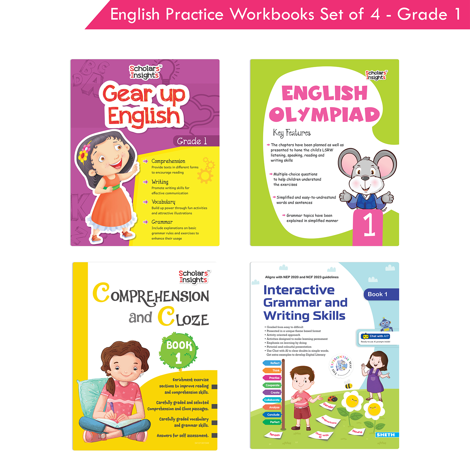 Grade 1 English Practice Workbooks Set of 4: Gear Up English, English Olympiad, Comprehension and Cloze, Interactive Grammar and Writing Skills (NEP with AI)