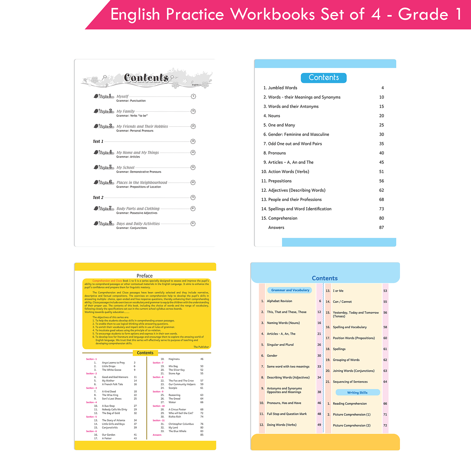 Grade 1 English Practice Workbooks Set of 4: Gear Up English, English Olympiad, Comprehension and Cloze, Interactive Grammar and Writing Skills (NEP with AI) - Image 2