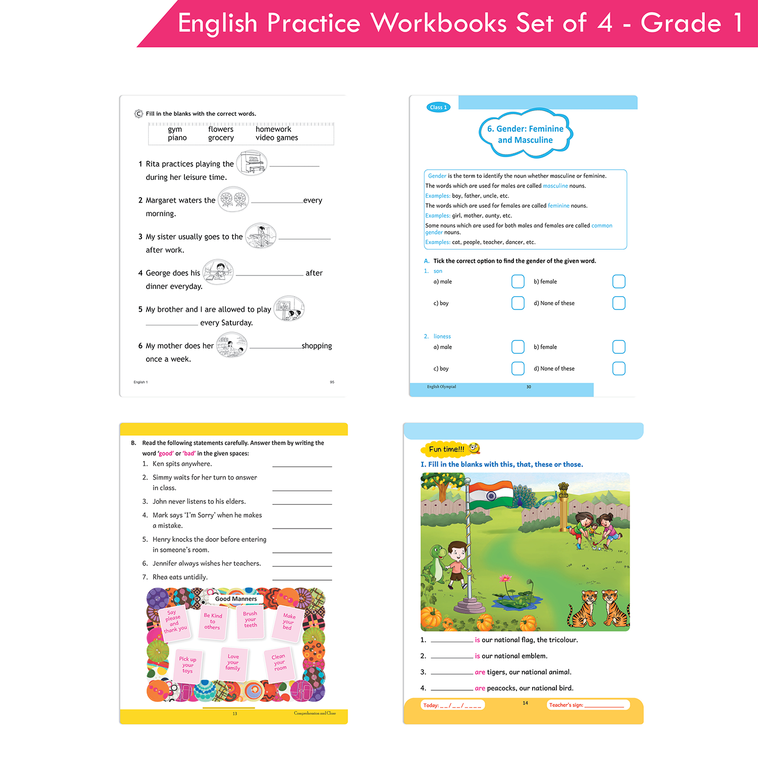 Grade 1 English Practice Workbooks Set of 4: Gear Up English, English Olympiad, Comprehension and Cloze, Interactive Grammar and Writing Skills (NEP with AI) - Image 8