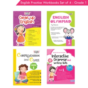 Grade 1 English Practice Workbooks Set of 4: Gear Up English, English Olympiad, Comprehension and Cloze, Interactive Grammar and Writing Skills