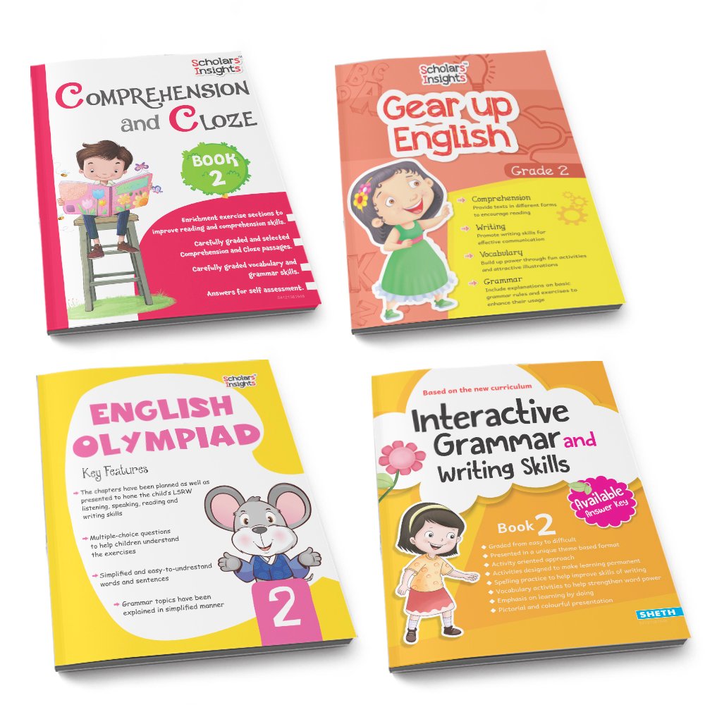 Grade 2 English Combo Workbooks Set of 4 Comprehension and cloze, gear up English Olympiad, Interactive Grammar and Writing Skill (1)