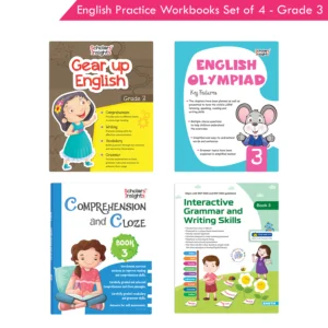 Grade 3 English Practice Workbooks Set of 4: Gear Up English, English Olympiad, Comprehension and Cloze, Interactive Grammar and Writing Skills NEP with AI