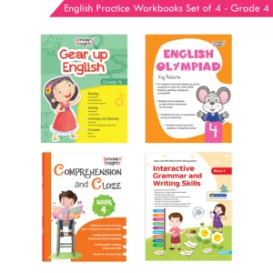 Grade 4 English Practice Workbooks Set of 4: Gear Up English, English Olympiad, Comprehension and Cloze, Interactive Grammar and Writing Skills NEP with AI