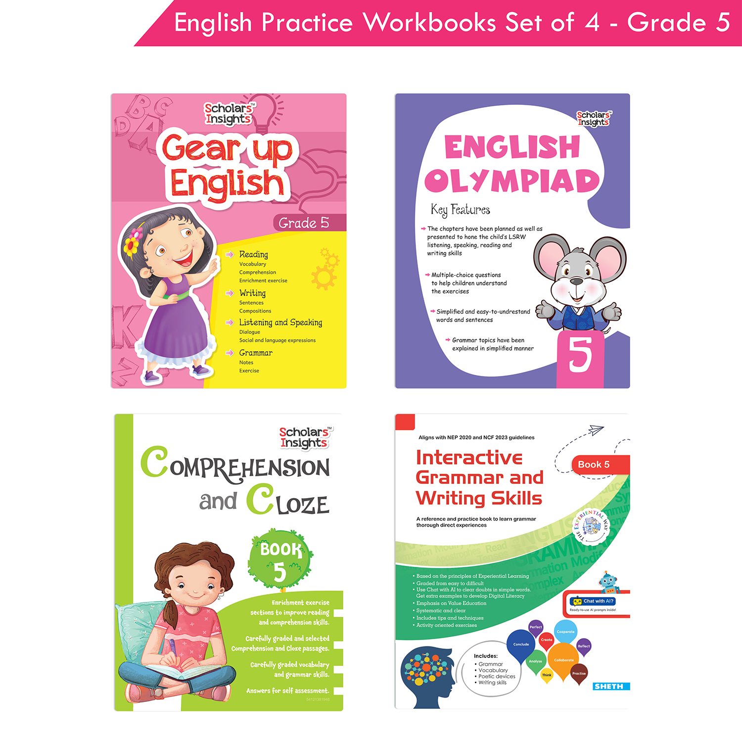 Grade 5 English Practice Workbooks Set of 4: Gear Up English, English Olympiad, Comprehension and Cloze, Interactive Grammar and Writing Skills NEP with AI