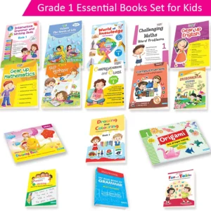 Grade 1 educational books set for kids ages 6–7 featuring English, Maths, EVS, Grammar, Drawing, General Knowledge, Origami, and Writing skills books.