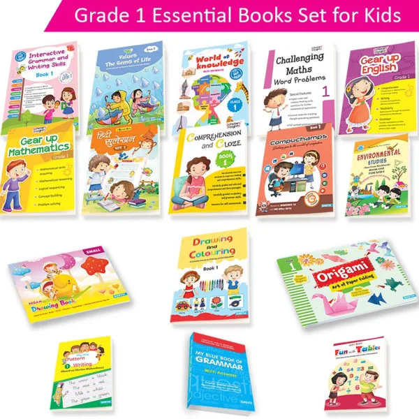 Grade 1 educational books set for kids ages 6–7 featuring English, Maths, EVS, Grammar, Drawing, General Knowledge, Origami, and Writing skills books.
