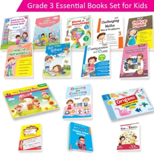 Grade 3 educational books set for kids ages 6–7 featuring English, Maths, EVS, Grammar, Drawing, General Knowledge, Origami, and Writing skills books.