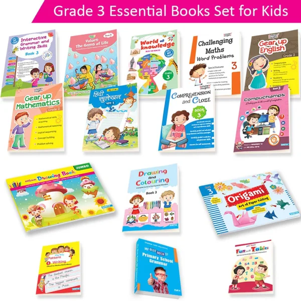 Grade 3 educational books set for kids ages 6–7 featuring English, Maths, EVS, Grammar, Drawing, General Knowledge, Origami, and Writing skills books.