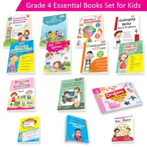 Grade 4 educational books set for kids ages 6–7 featuring English, Maths, EVS, Grammar, Drawing, General Knowledge, Origami, and Writing skills books.
