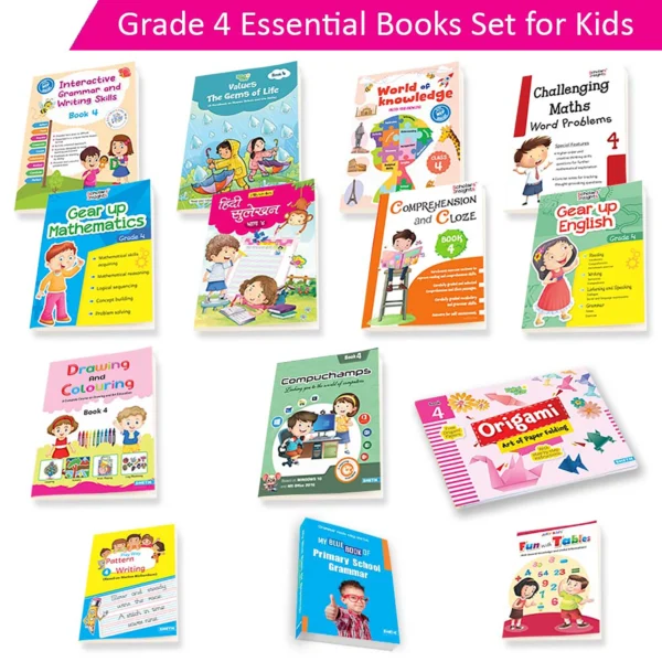 Grade 4 educational books set for kids ages 6–7 featuring English, Maths, EVS, Grammar, Drawing, General Knowledge, Origami, and Writing skills books.