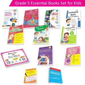 Grade 5 educational books set for kids ages 6–7 featuring English, Maths, EVS, Grammar, Drawing, General Knowledge, Origami, and Writing skills books.