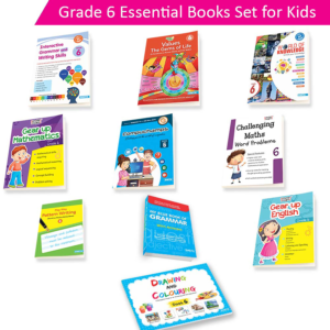 Grade 6 educational books set for kids ages 11 to 12 years including English, Maths, Grammar, Computer Science, Drawing, General Knowledge, and Value Education workbooks.