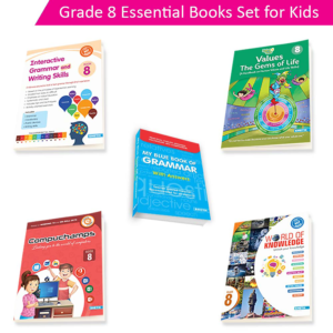 Grade 8 educational books set for kids ages 13 to 14 years including Grammar, Writing Skills, General Knowledge, Moral Values, and Computer Education workbooks.