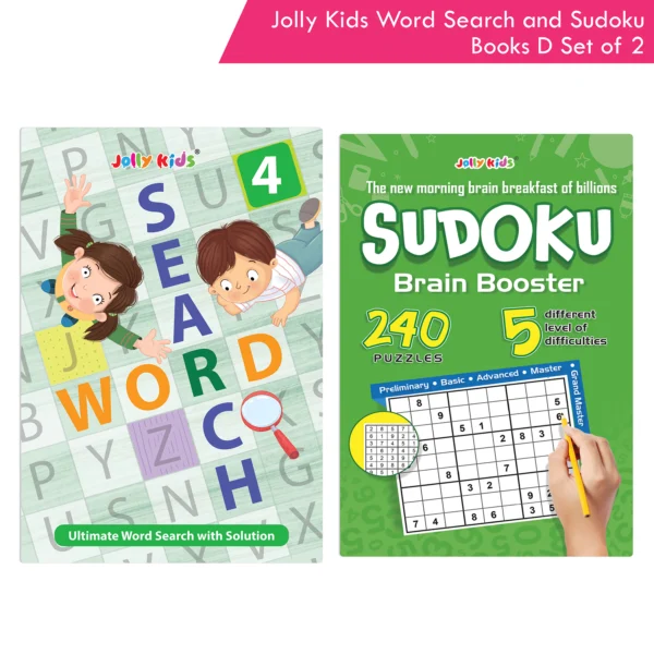 Jolly Kids Word Search and Sudoku with Answer Books – D Set of 2 For Kids| Educational Vocabulary and Logic Number Games| Brain Teaser Activity For Age 6-15