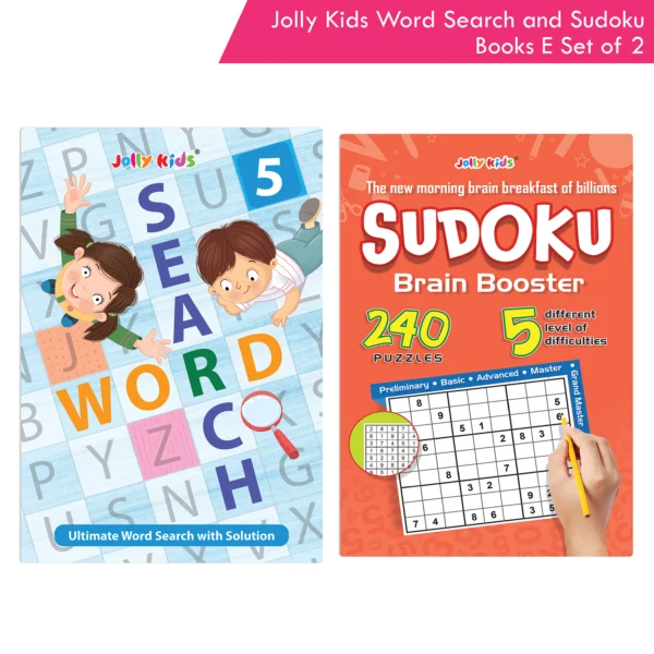 Jolly Kids Word Search and Sudoku with Answer Books – E Set of 2 For Kids| Educational Vocabulary and Logic Number Games| Brain Teaser Activity For Age 6-15