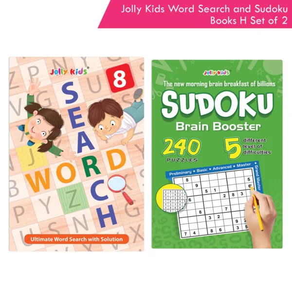 Jolly Kids Word Search and Sudoku with Answer Books – H Set of 2 For Kids| Educational Vocabulary and Logic Number Games| Brain Teaser Activity For Age 6-15