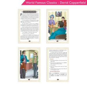 David Copperfield Book pages showing a chapter on David’s new school, colourful story illustrations, chapter questions, and difficult word meanings for young readers.