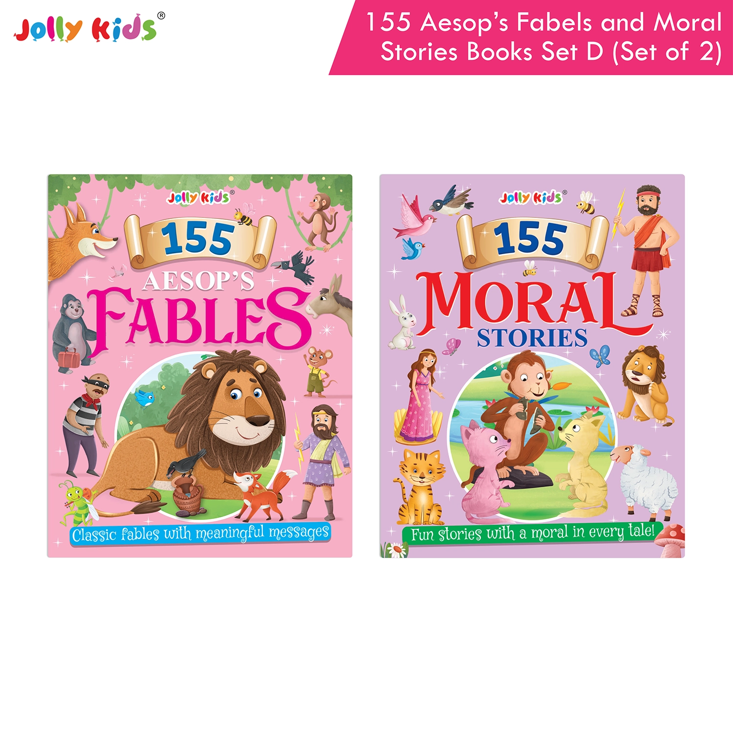 Jolly Kids 155 Aesop’s Fables and Moral Story Books Set D for Kids - Set of 2 Illustrated English Books with Animal Tales, Timeless Wisdom and Life Lessons