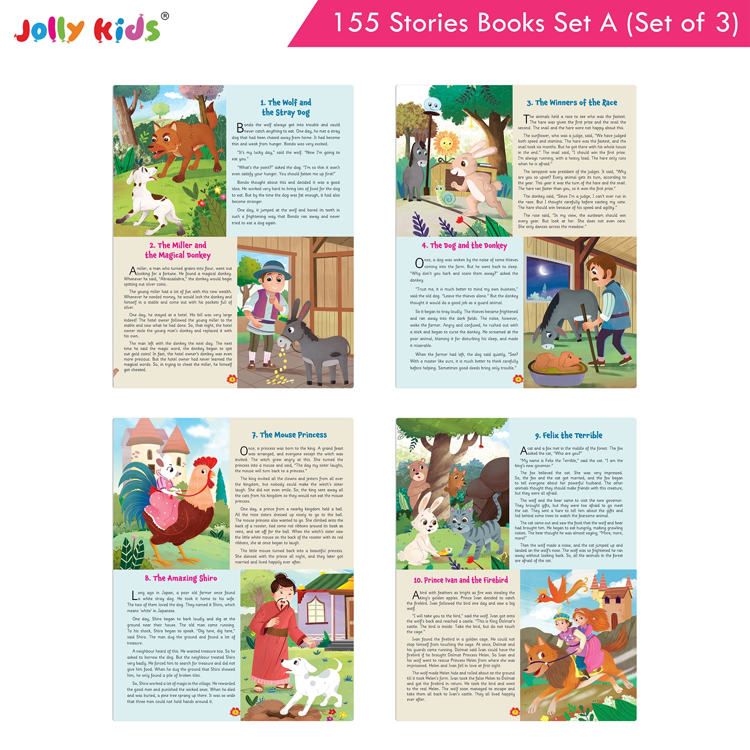 Jolly Kids 155 English Story Books Set A for Kids - Set of 3 Illustrated Animal Stories, Moral Tales and World-Famous Stories with Valuable Life Lessons - Image 2
