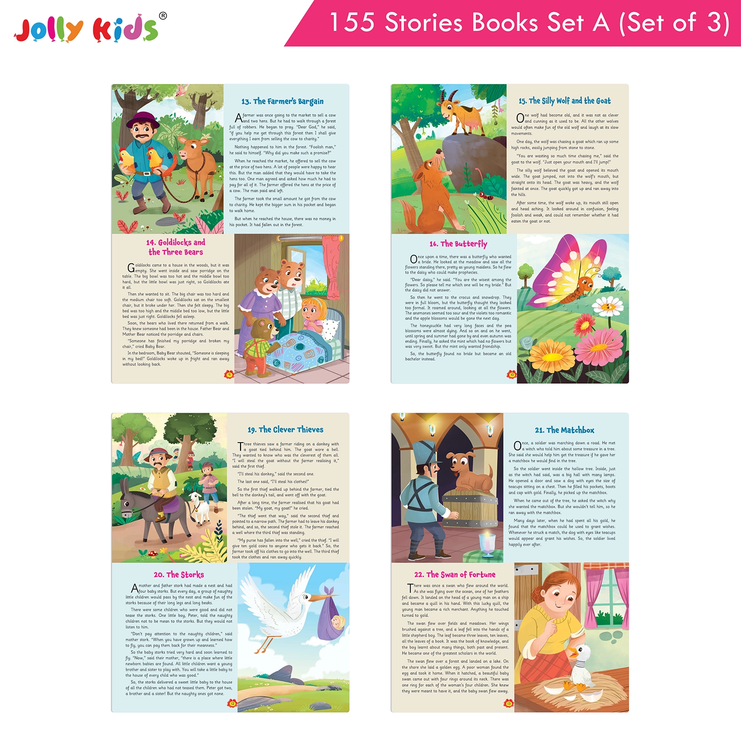 Jolly Kids 155 English Story Books Set A for Kids - Set of 3 Illustrated Animal Stories, Moral Tales and World-Famous Stories with Valuable Life Lessons - Image 3