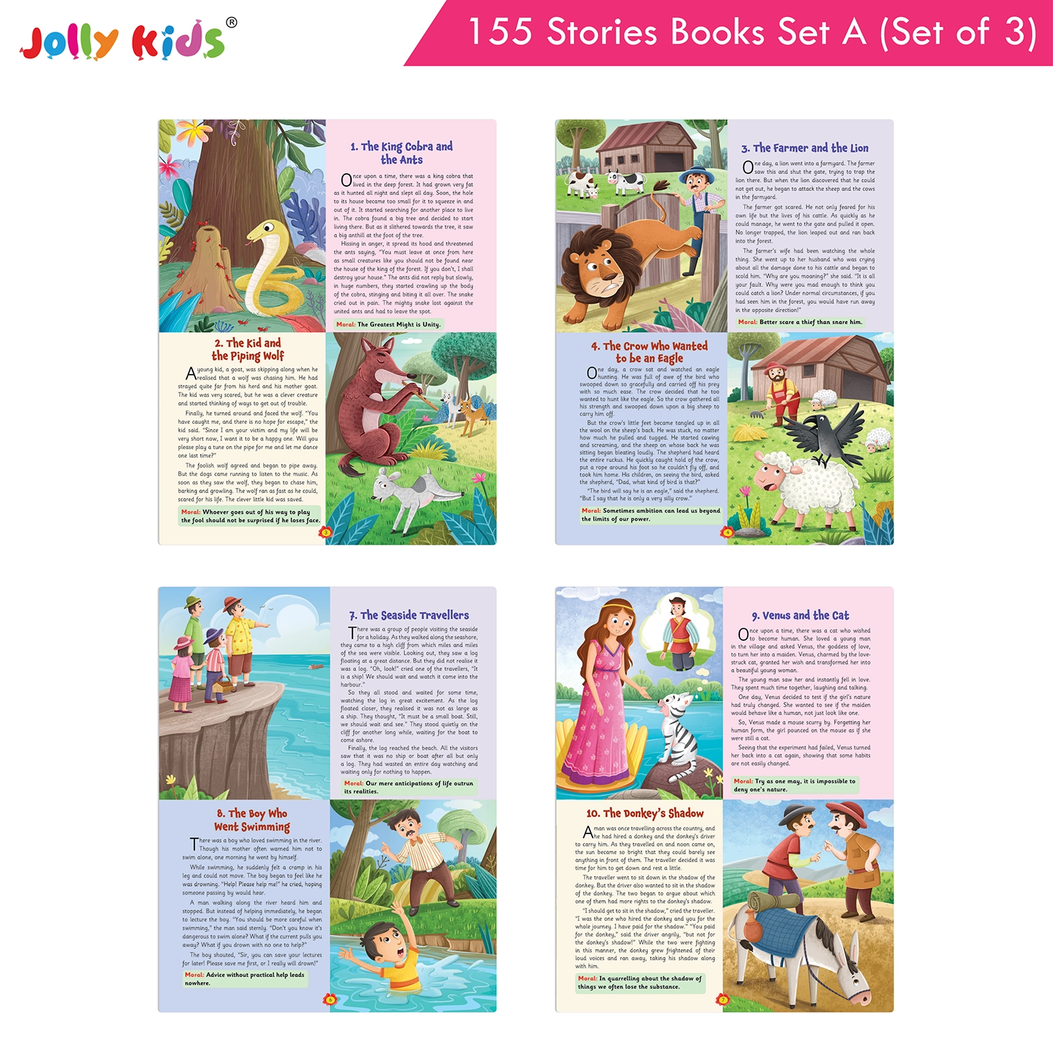 Jolly Kids 155 English Story Books Set A for Kids - Set of 3 Illustrated Animal Stories, Moral Tales and World-Famous Stories with Valuable Life Lessons - Image 4