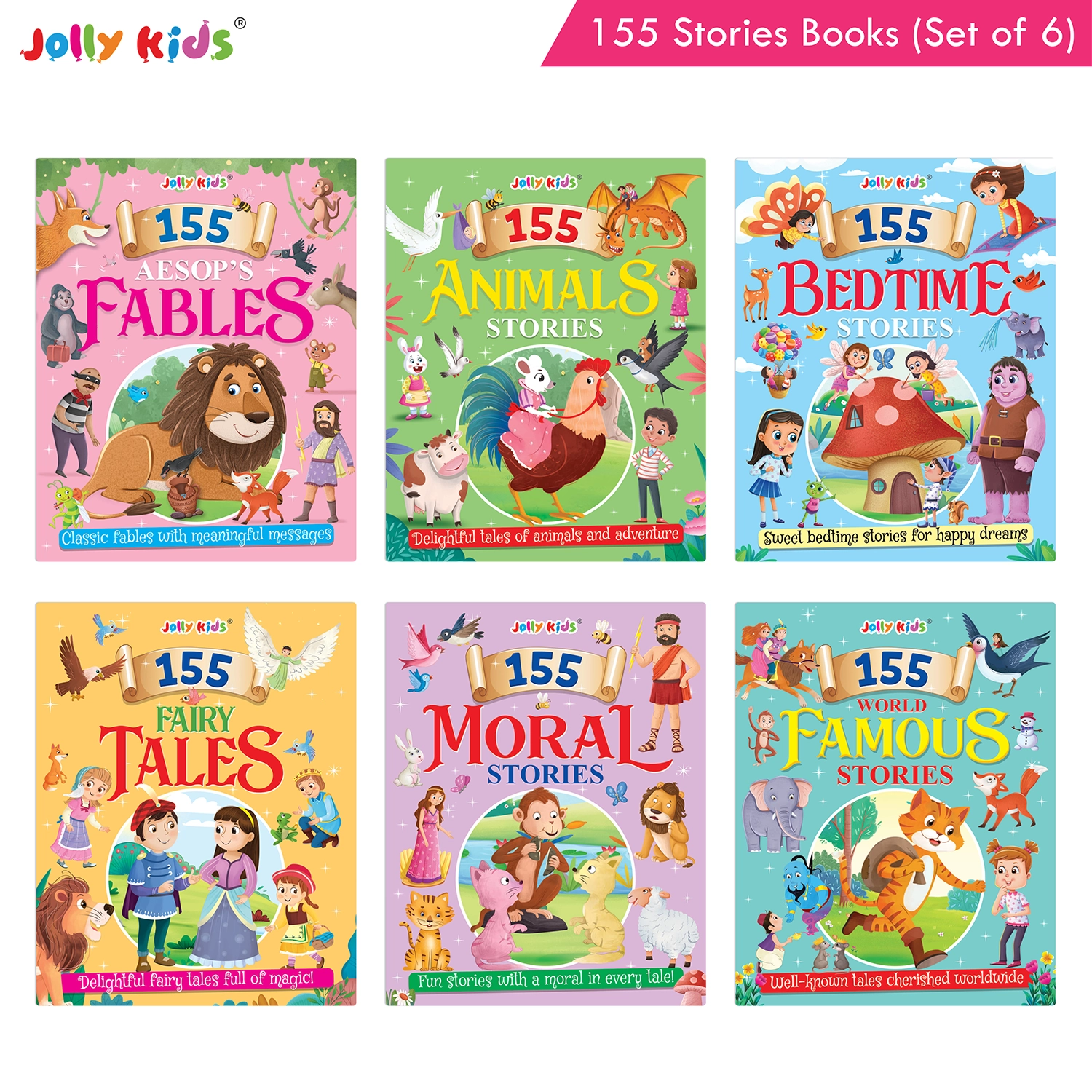 Jolly Kids 155 Stories Book Set of 6 for Kids - Illustrated Collection of Animal Stories, Moral Tales, Fairy Tales, Bedtime Stories and Classic Aesop’s Fables