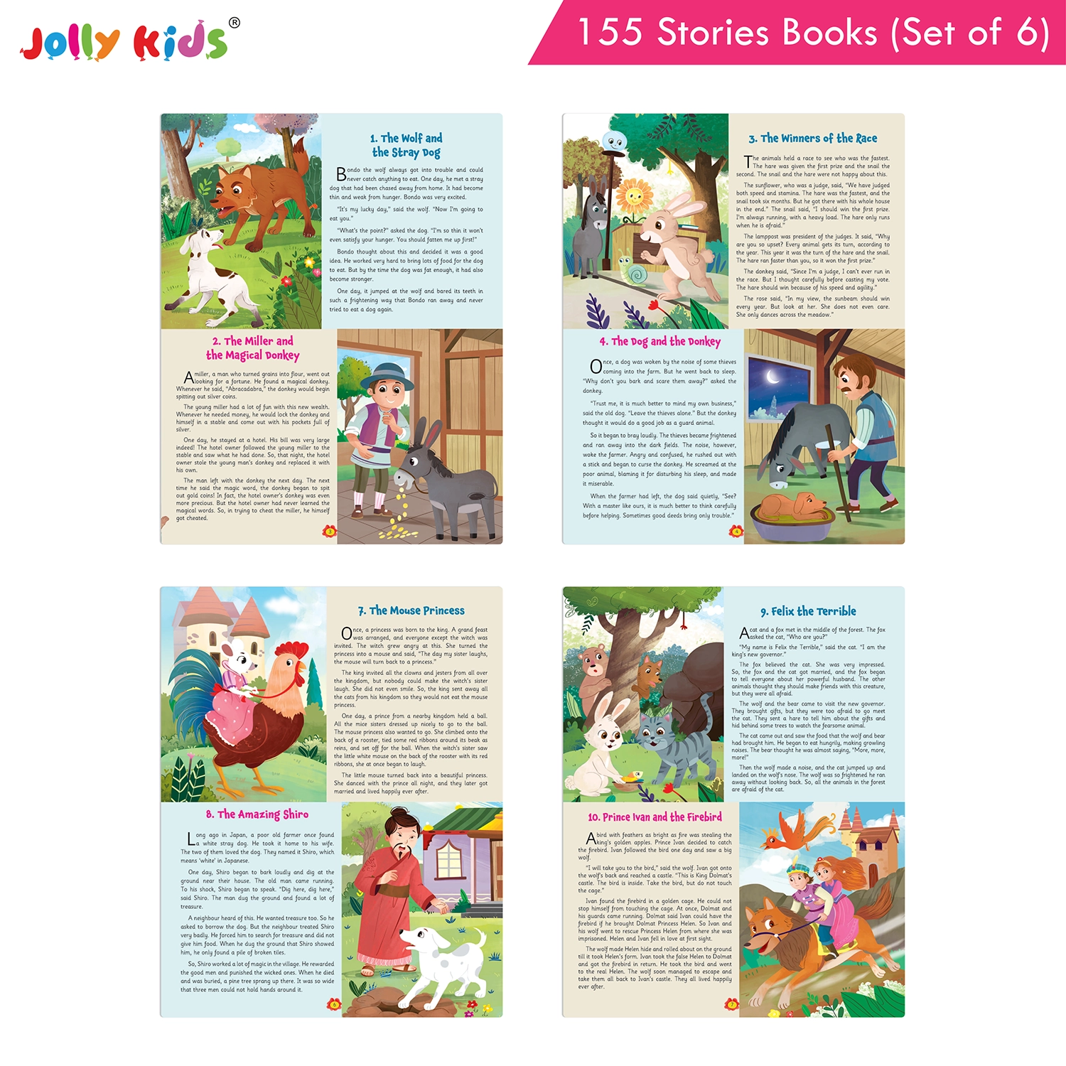 Jolly Kids 155 Stories Book Set of 6 for Kids - Illustrated Collection of Animal Stories, Moral Tales, Fairy Tales, Bedtime Stories and Classic Aesop’s Fables - Image 3