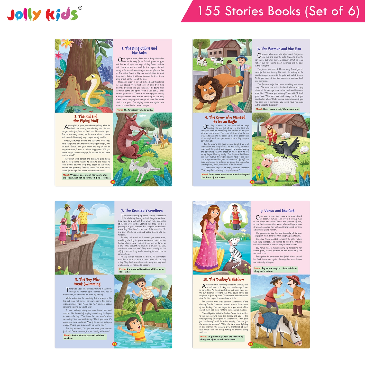 Jolly Kids 155 Stories Book Set of 6 for Kids - Illustrated Collection of Animal Stories, Moral Tales, Fairy Tales, Bedtime Stories and Classic Aesop’s Fables - Image 6