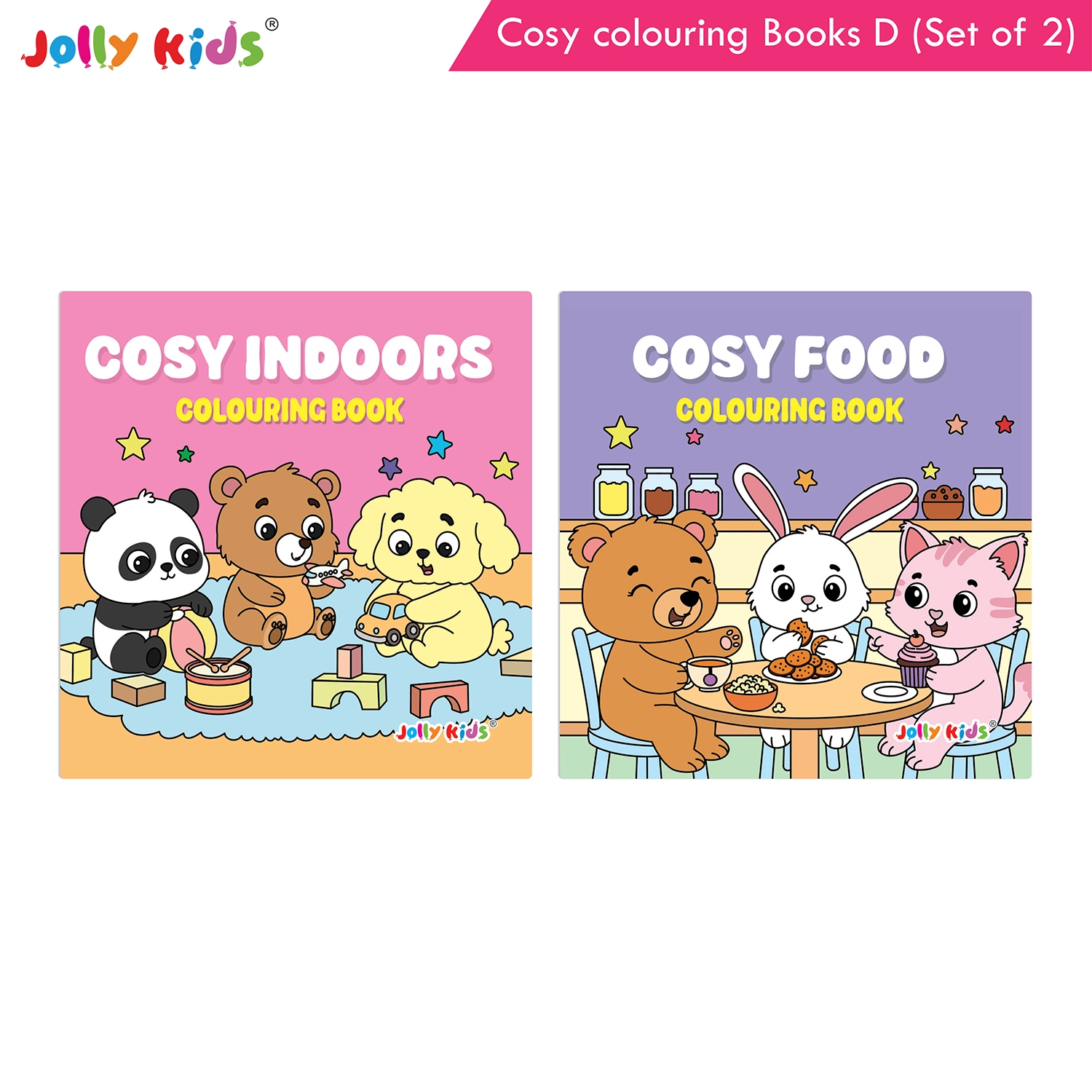 Jolly Kids Cosy Colouring Books D Set of 2 | Indoors and Food | Cute Animals, Home Activities, Creative Screen-Free Fun for Kids