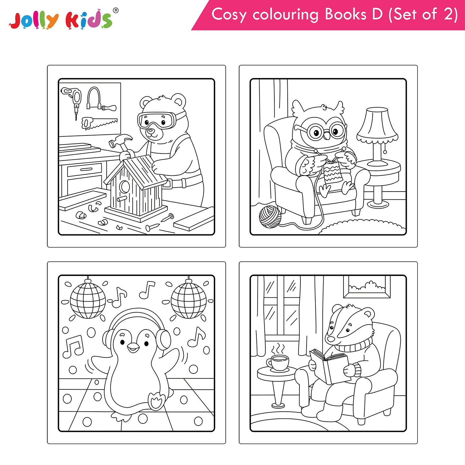 Jolly Kids Cosy Colouring Books D Set of 2 | Indoors and Food | Cute Animals, Home Activities, Creative Screen-Free Fun for Kids - Image 3