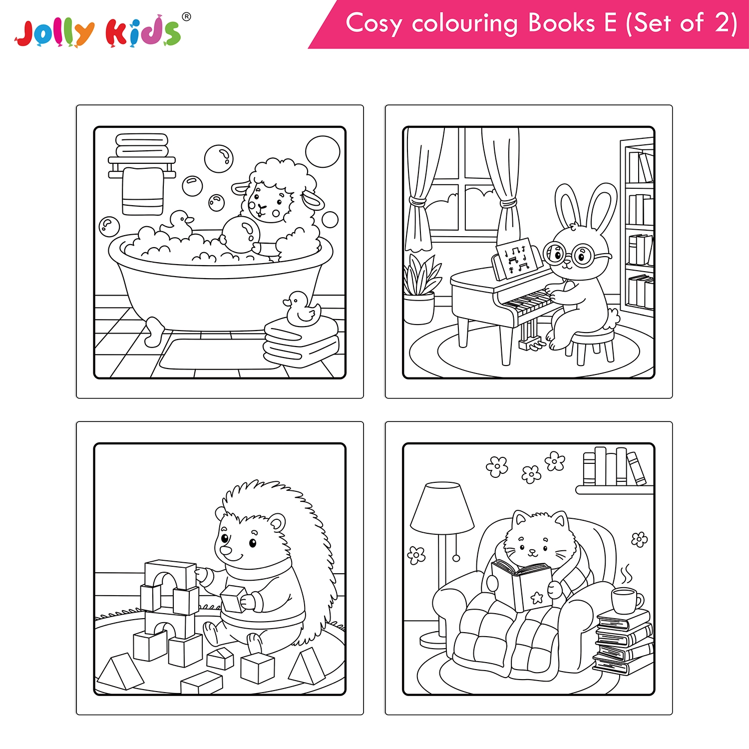 Jolly Kids Cosy Colouring Books E Set of 2 | Indoors and Friends | Adorable Animals, Cosy Home Scenes and Heartwarming Friendship Fun - Image 4