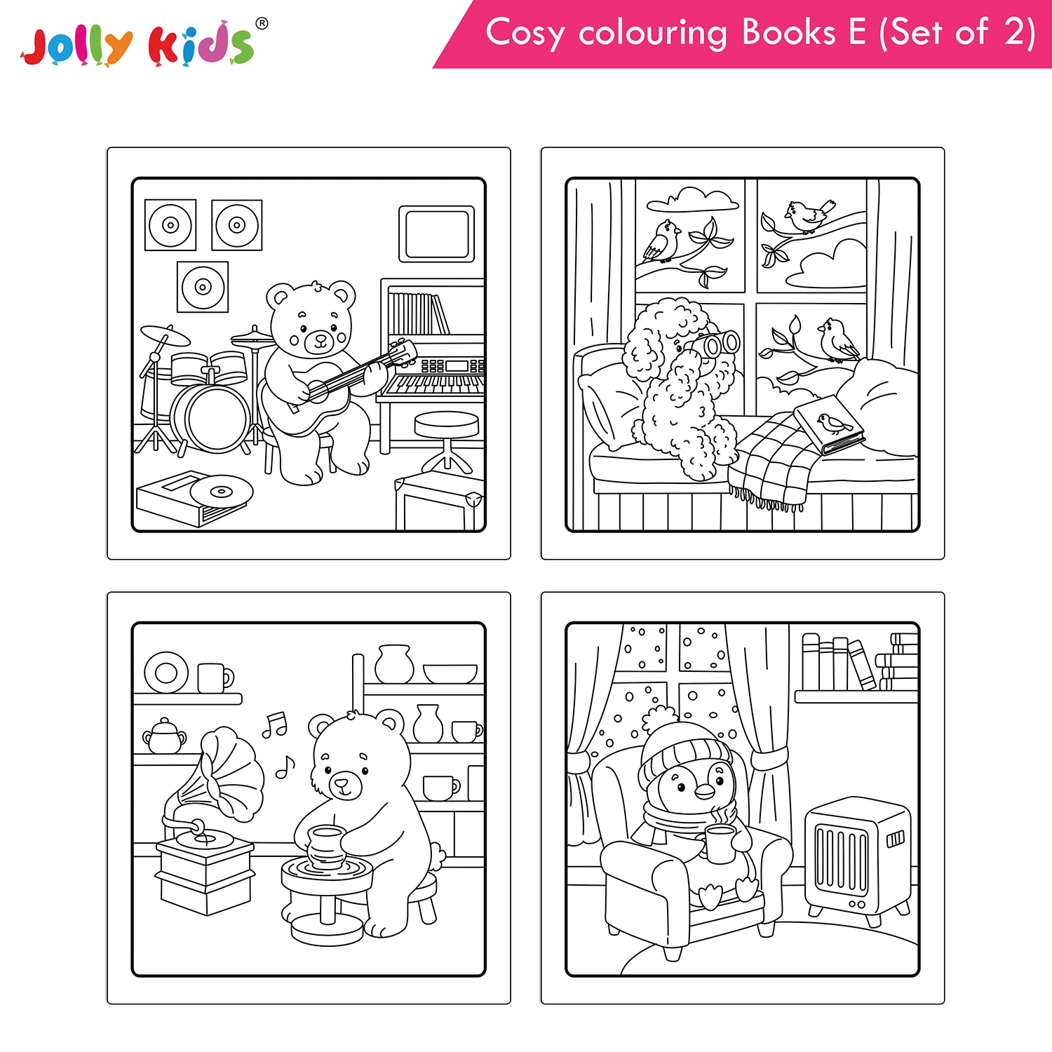 Jolly Kids Cosy Colouring Books E Set of 2 | Indoors and Friends | Adorable Animals, Cosy Home Scenes and Heartwarming Friendship Fun - Image 5