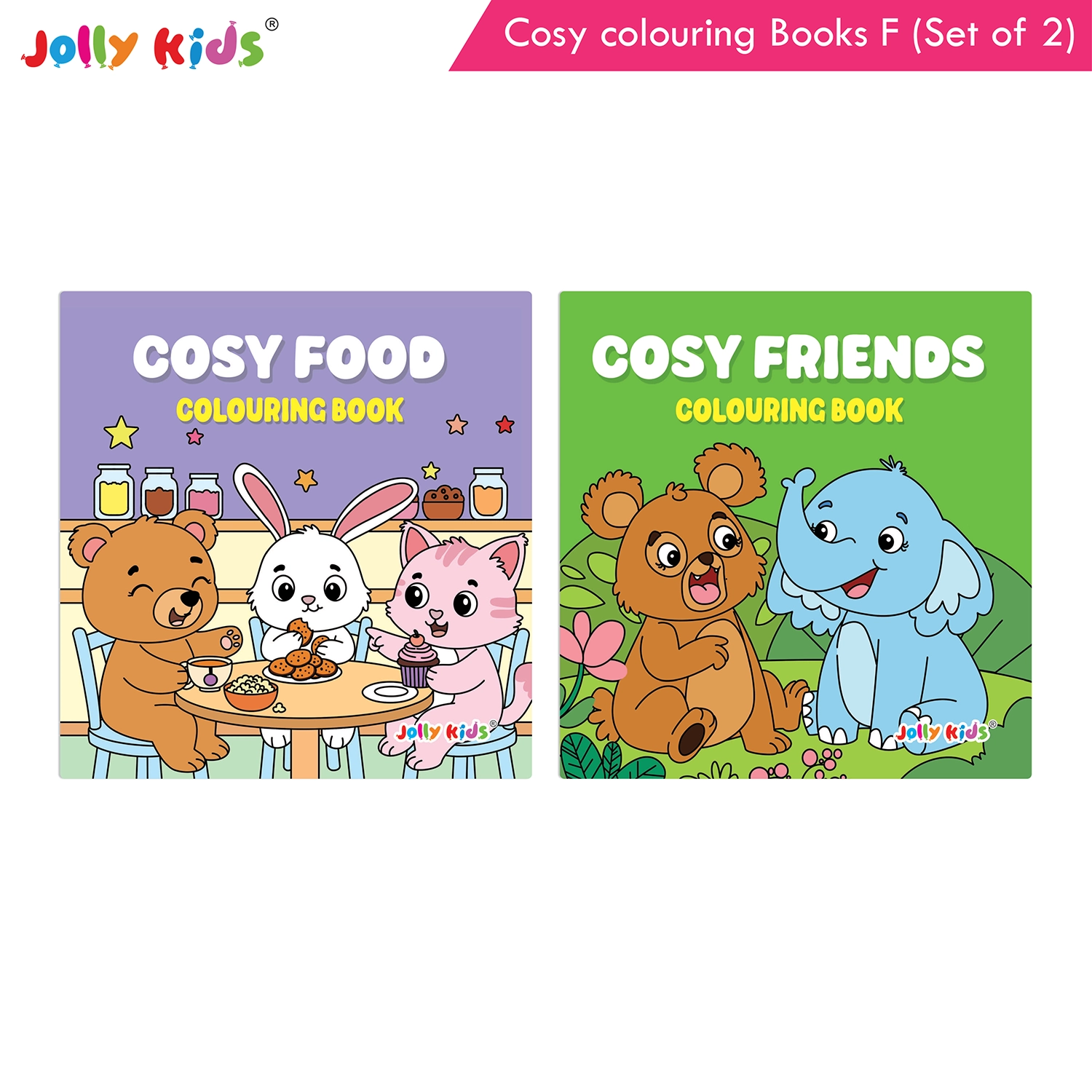 Jolly Kids Cosy Colouring Books F Set of 2 | Food and Friends | Cute Animals, Sweet Treats, Friendship Scenes and Creative Screen-Free Fun