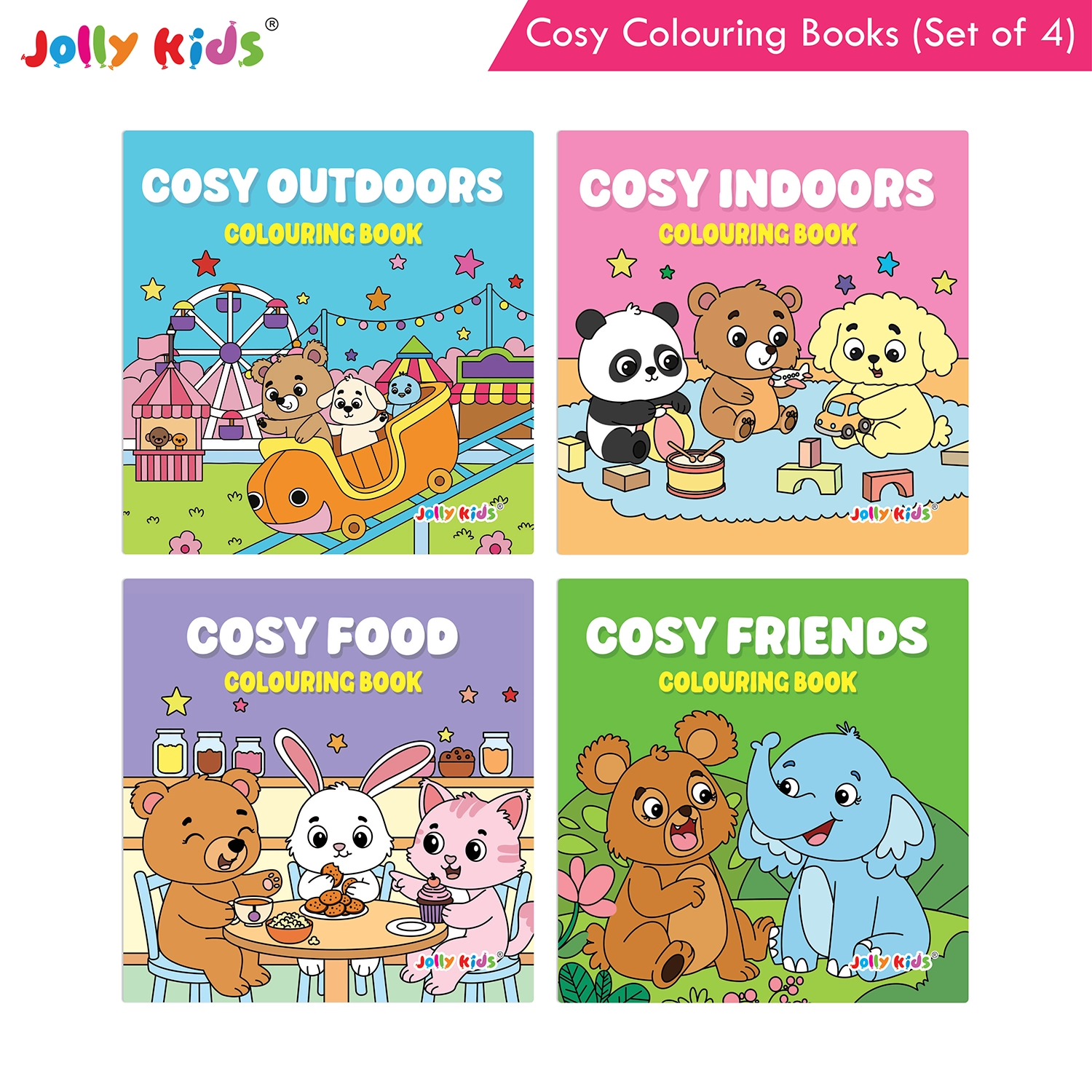 Jolly Kids Cosy Colouring Books Set of 4 for Kids | Adorable Animal Friends, Food, Indoor and Outdoor Adventures | Creative Screen-Free Fun