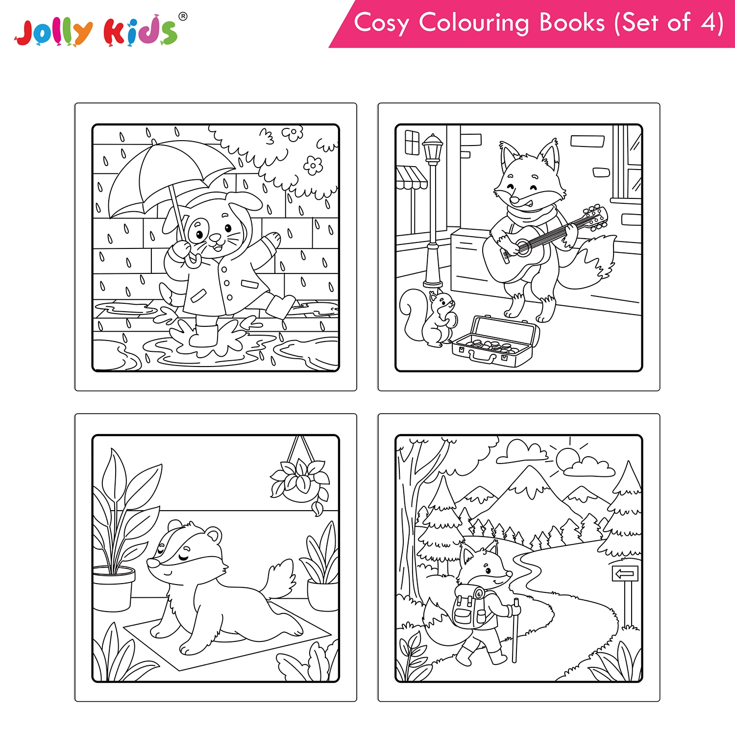 Jolly Kids Cosy Colouring Books Set of 4 for Kids | Adorable Animal Friends, Food, Indoor and Outdoor Adventures | Creative Screen-Free Fun - Image 2