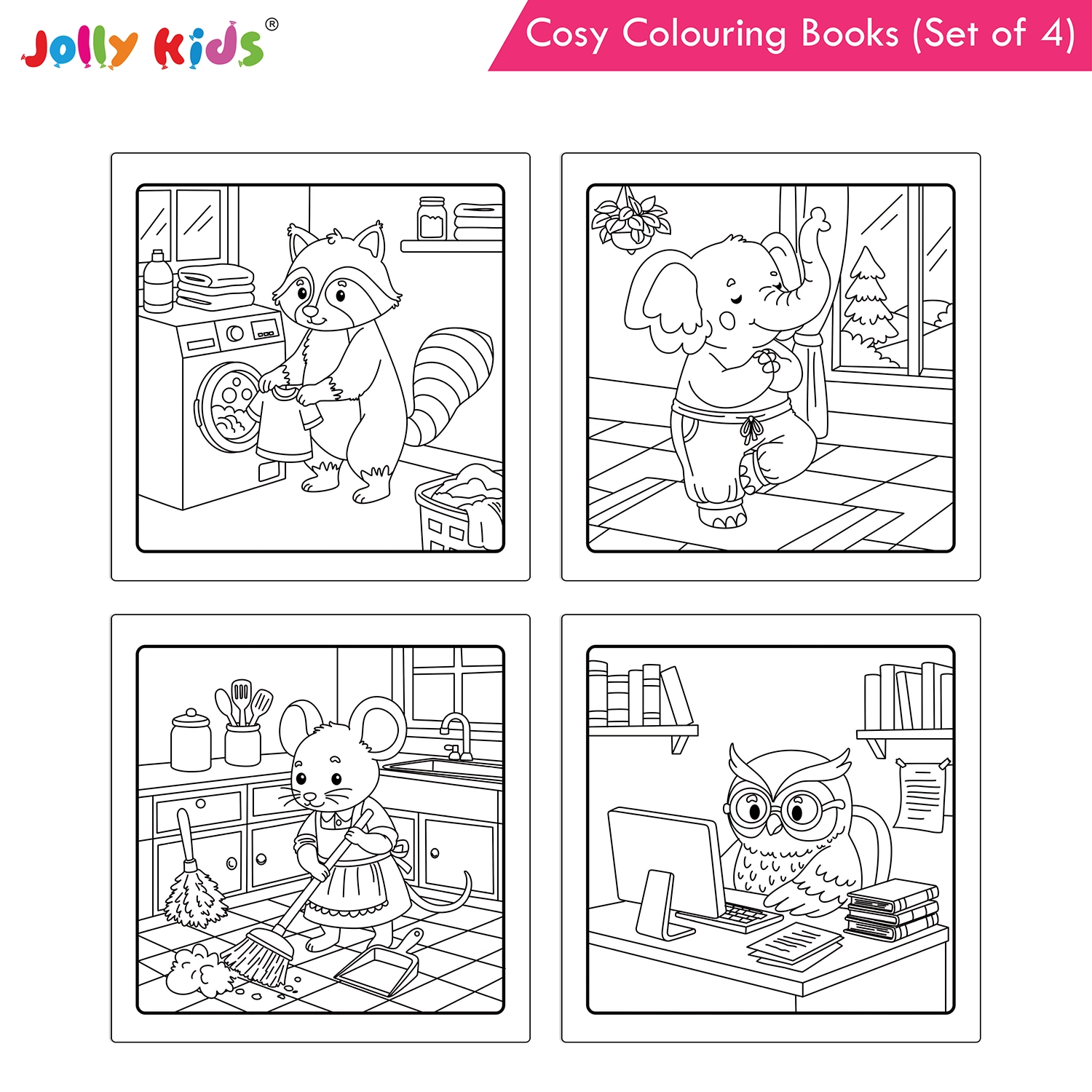 Jolly Kids Cosy Colouring Books Set of 4 for Kids | Adorable Animal Friends, Food, Indoor and Outdoor Adventures | Creative Screen-Free Fun - Image 3