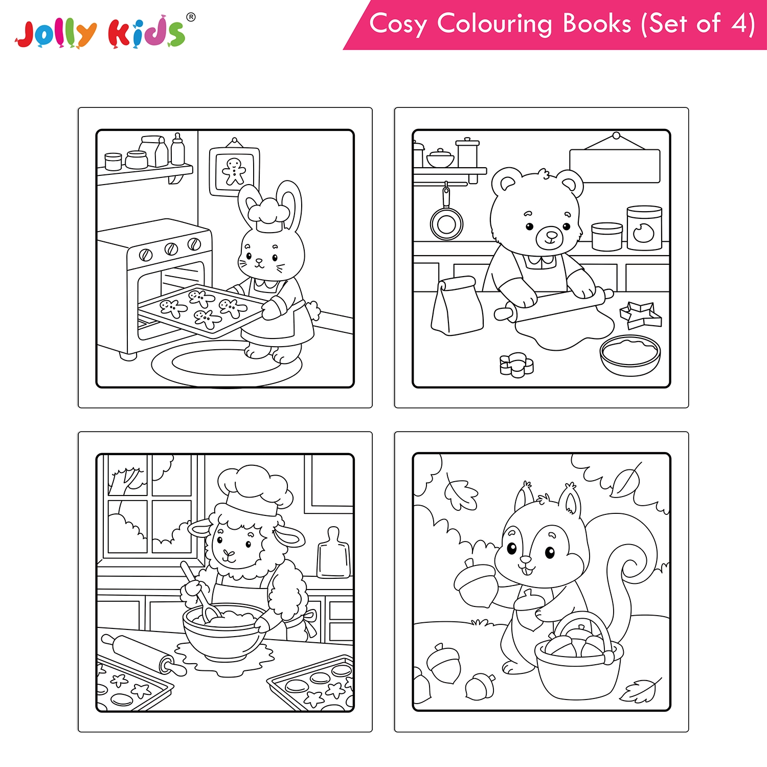 Jolly Kids Cosy Colouring Books Set of 4 for Kids | Adorable Animal Friends, Food, Indoor and Outdoor Adventures | Creative Screen-Free Fun - Image 4