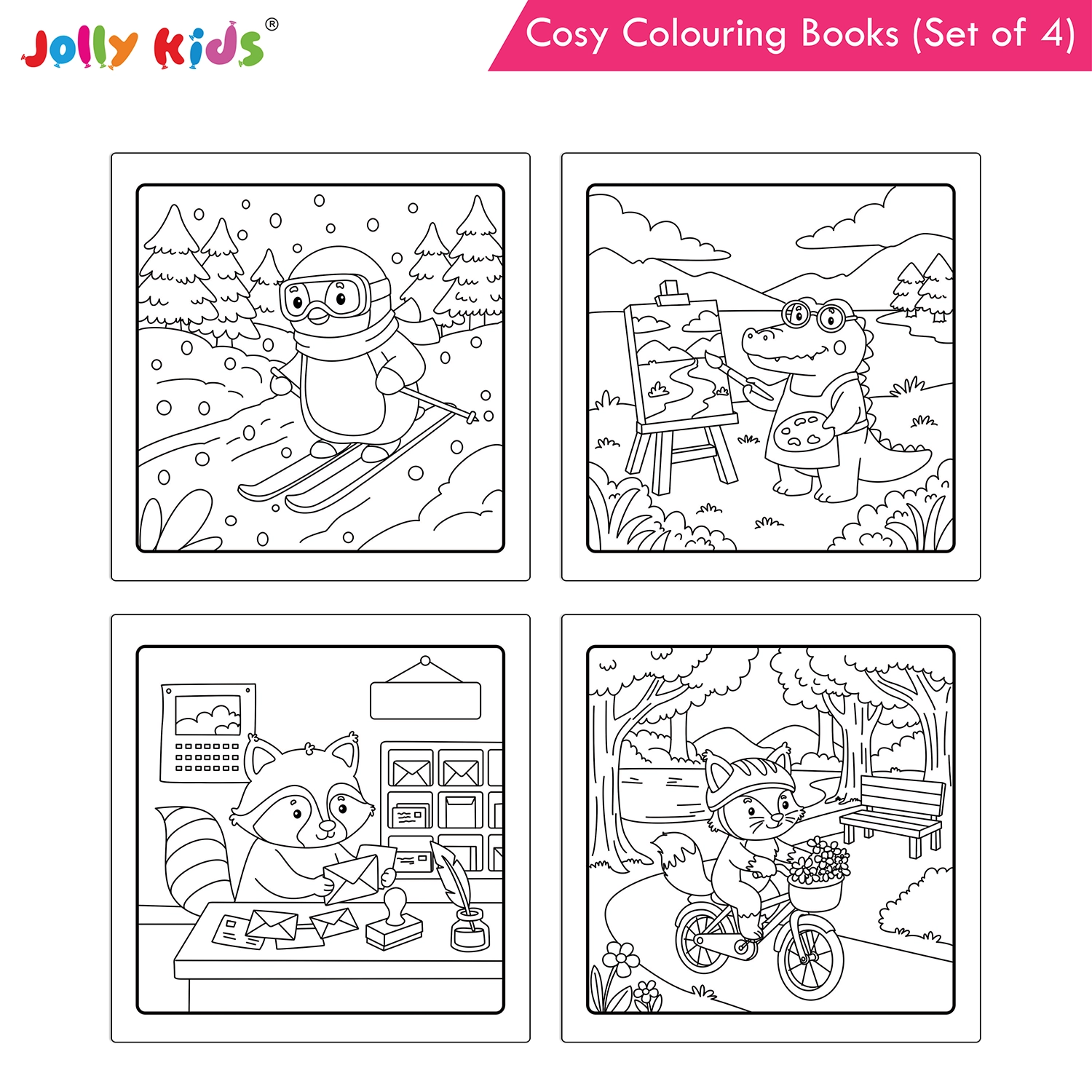 Jolly Kids Cosy Colouring Books Set of 4 for Kids | Adorable Animal Friends, Food, Indoor and Outdoor Adventures | Creative Screen-Free Fun - Image 6