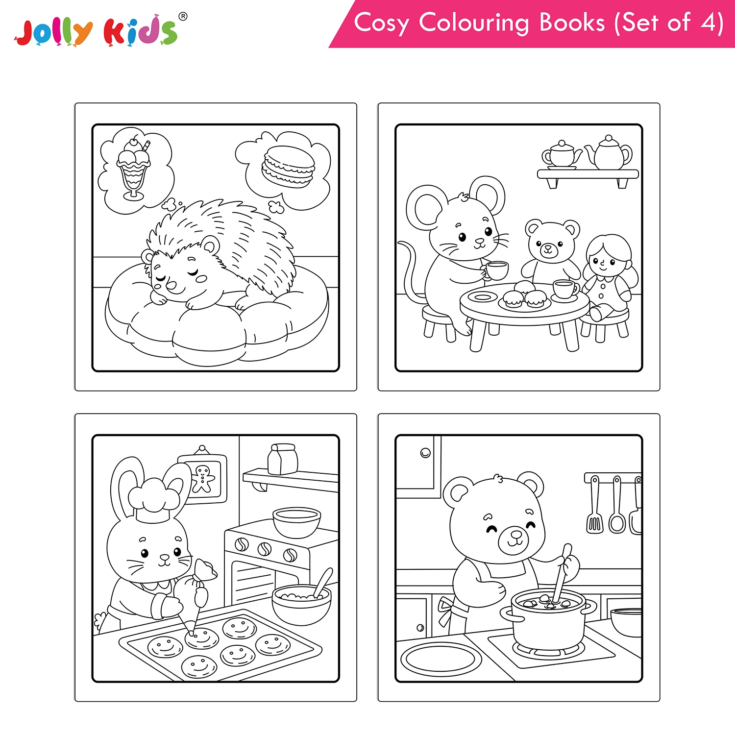 Jolly Kids Cosy Colouring Books Set of 4 for Kids | Adorable Animal Friends, Food, Indoor and Outdoor Adventures | Creative Screen-Free Fun - Image 8